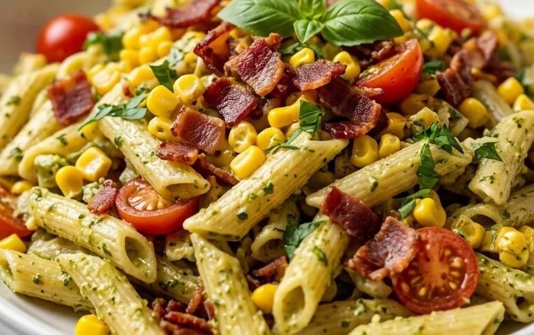Corn Pasta Salad with Beef Bacon and Creamy Pesto Dressing